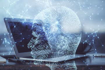 Obraz premium Multi exposure of work space with computer and human brain hologram. Brainstorm concept.