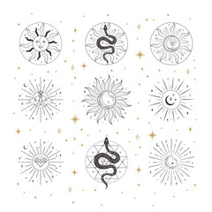 Collection of vector Sacred Sun and Moon logo design templates and elements, detailed decorative illustrations and icons for various ocasions and purposes. Trendy Line drawing, lineart style