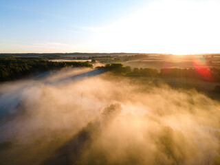 Aerial view of foggy trees on the river coast at sunrise in autumn. Colorful landscape with forest in low clouds, meadow in fog, lake, pink sky, village in the morning in fall. Top view of nature.