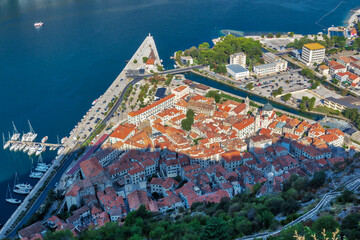 Old historic town of Kotor, Montenegro. Aerial view of streets and roofs.