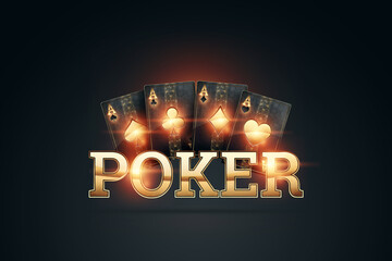 Creative poker template, gold cards and the inscription in gold letters poker on a dark background. Casino concept, gambling, header for the site. Copy space, 3D illustration, 3D render.