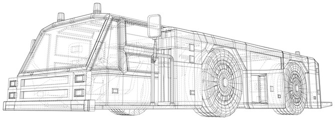 Tow truck transport in airport. Wire-frame line isolated. Vector rendering of 3d.