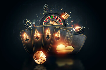 Creative poker template, background design with golden playing cards and poker chips on a dark background. Casino concept, gambling, header for the site. Copy space, 3D illustration, 3D render. - obrazy, fototapety, plakaty