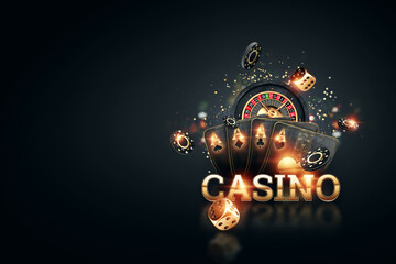 Creative Casino Background, Inscription Casino In Gold Letters Playing Cards Roulette On A Dark Background Flyer Gambling Concept, Header For The Site Copy Space 3D Illustration, 3D Render Wall Mural-Aliaksandr Marko