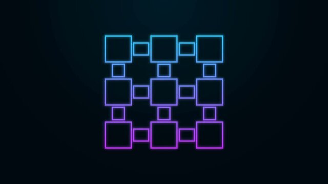Glowing neon line Blockchain technology icon isolated on black background. Cryptocurrency data. Abstract geometric block chain network technology business. 4K Video motion graphic animation.