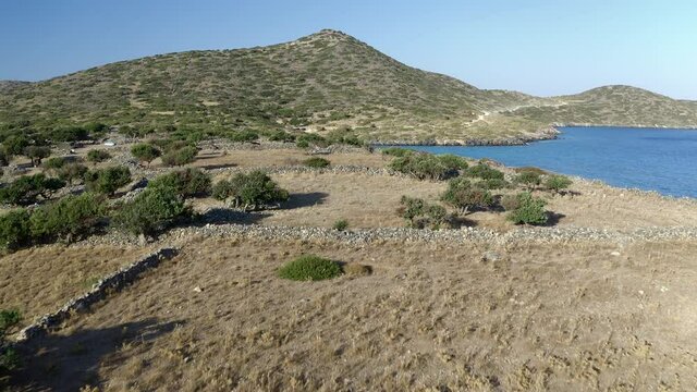 Aerial drone flying low over a dry, yellow Greek landscape in summer (Elounda, Crete)