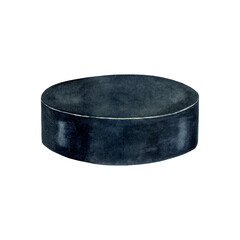 Watercolor hockey puck or washer. Hockey puck isolated on white background. Hand drawn design element for logo, greeting card.