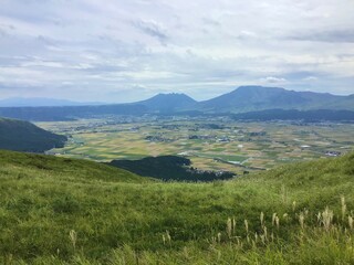 Scenery inside the Aso caldera seen from the observatory called Daikanbo