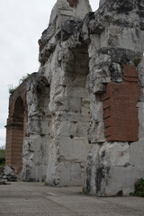 Roman amphitheater, ancient ruins, view of the city of Santa Maria Capua Vetere. Italy. Rainy day.