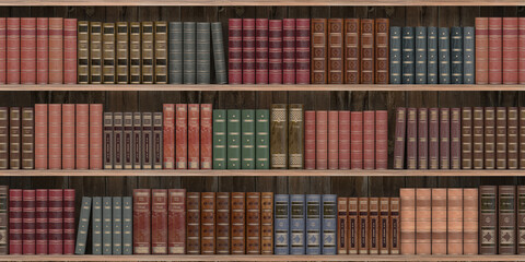 Vintage books on old wooden shelf. Education concept background. Tiled seamless texture, wallpaper.