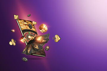 Creative background, online casino, smartphone with playing cards roulette and chips, black gold...