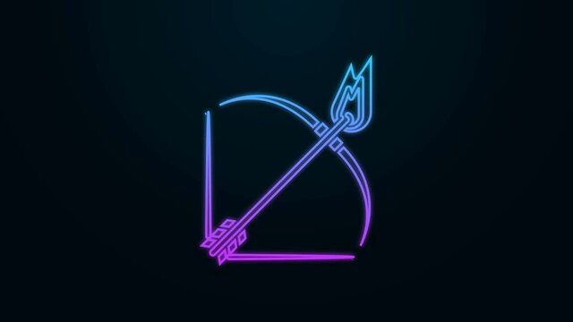 Glowing neon line Bow and fire arrow icon isolated on black background. 4K Video motion graphic animation.