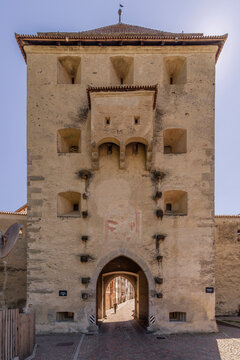The ancient North Gate which gives access to the historic center of the fortified town of Glurns, South Tyrol, Italy