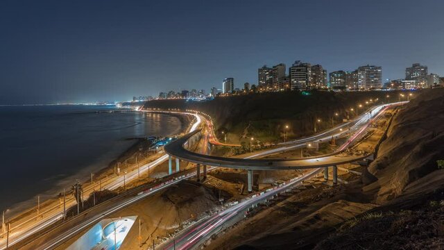 Aerial panoramic view of Lima's Coastline in the neighborhood of Miraflores day to night transition timelapse, Lima, Peru. Road traffic with junction and beach with ocean from Husares De Junin