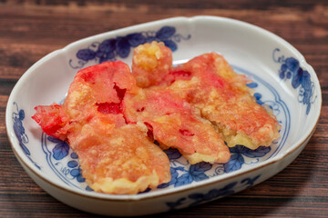 Tempura of red pickled ginger(Zingiber officinale)