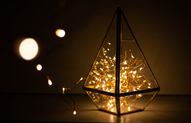 garland in a glass flask.
candlestick
garland in florarium
glass geometric terrarium