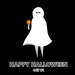 Halloween party invitation or greeting card with ghost. Flat design in vector illustration.