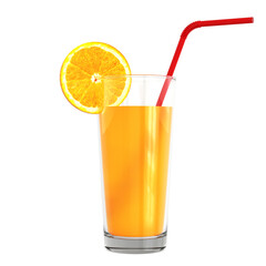 A glass of orange juice with a tube and a slice of orange on a white background. Big plan.