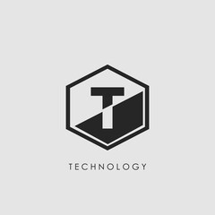 T Letter Hexagon Geometrical Techno Logo. Monogram Hexagon Geometric outline letter logo icon for science technology