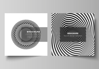 The minimal vector layout of two square format covers design templates for brochure, flyer, magazine. Abstract 3D geometrical background with optical illusion black and white design pattern.