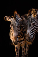 Fototapeta premium Zebra couple with black background at sunset