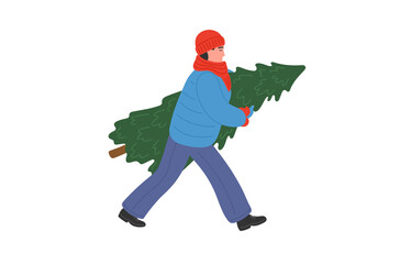 A man carries a Christmas fir tree. A hurrying guy in warm clothes walks and holds a fir tree.  Winter holidays.