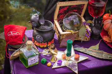 Magic scene, Mystical atmosphere, view of wicca the velvet table, esoteric concept, fortune telling...
