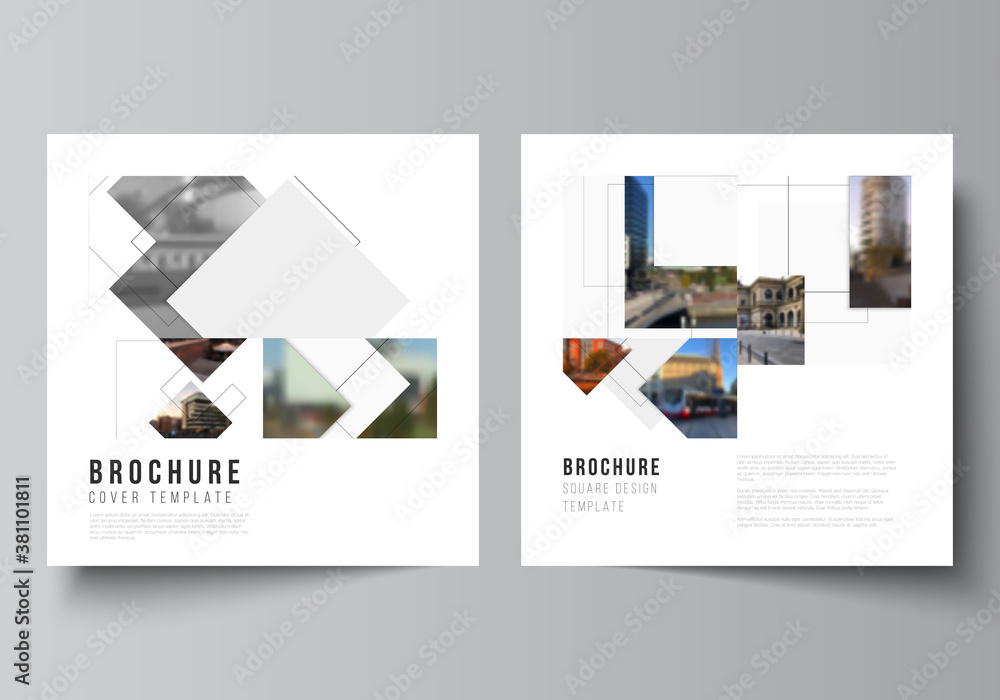 Poster vector layout of two square format covers design templates with geometric simple shapes, lines and p