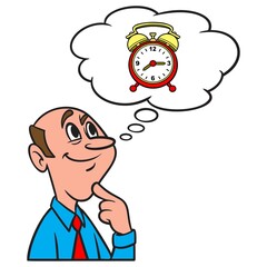 Thinking about an Alarm Clock - A cartoon illustration of a man thinking about using an Alarm Clock.