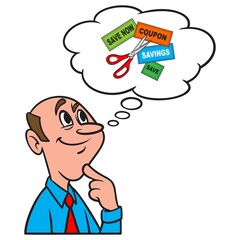 Thinking about Coupons - A cartoon illustration of a man thinking about Coupons.