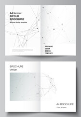 Vector layout of two A4 cover mockups templates for bifold brochure, flyer, magazine, cover design, book design. Gray technology background with connecting lines and dots. Network concept.