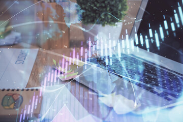 Multi exposure of forex chart and work space with computer. Concept of international online trading.