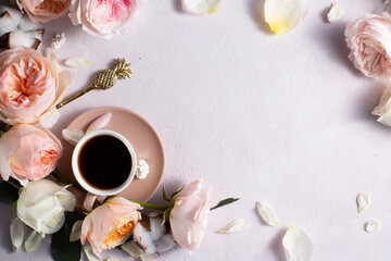 Flat lay pink flowers background