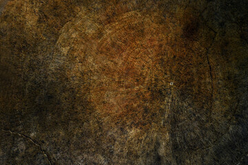 Tree rings old weathered wood texture with the cross section of a cut log. Dark brown tree trunk texture or background. Cross section of a tree trunk. Top view. Annual growth rings