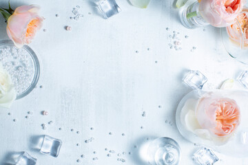 Flat lay white flowers background.