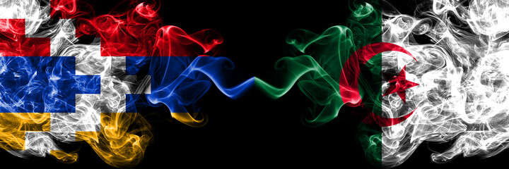 Nagorno-Karabakh, Artsakh vs Algeria, Algerian smoky mystic flags placed side by side. Thick colored silky abstract smoke flags