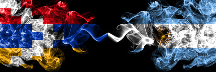 Nagorno-Karabakh, Artsakh vs Argentina, Argentinian smoky mystic flags placed side by side. Thick colored silky abstract smoke flags
