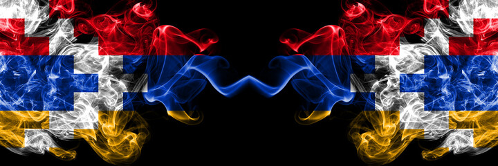 Nagorno-Karabakh, Artsakh vs Artsakh, Nagorno Karabakh smoky mystic flags placed side by side. Thick colored silky abstract smoke flags