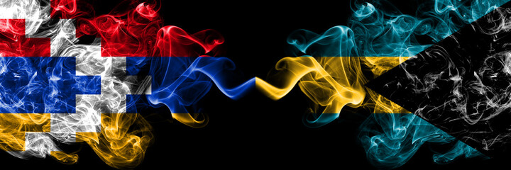 Nagorno-Karabakh, Artsakh vs Bahamas, Bahamian smoky mystic flags placed side by side. Thick colored silky abstract smoke flags