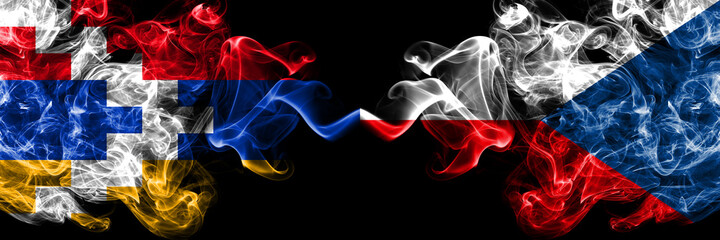 Nagorno-Karabakh, Artsakh vs Czech Republic smoky mystic flags placed side by side. Thick colored silky abstract smoke flags