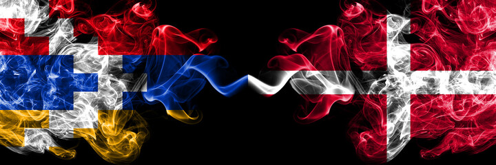 Nagorno-Karabakh, Artsakh vs Denmark, Danish smoky mystic flags placed side by side. Thick colored silky abstract smoke flags