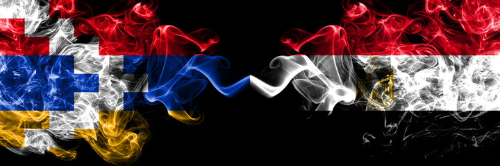 Nagorno-Karabakh, Artsakh vs Egypt, Egyptian smoky mystic flags placed side by side. Thick colored silky abstract smoke flags