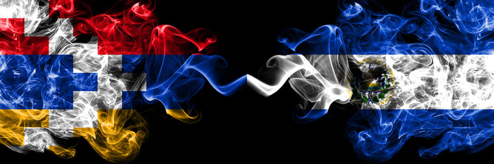 Nagorno-Karabakh, Artsakh vs El Salvador, Salvadorian smoky mystic flags placed side by side. Thick colored silky abstract smoke flags