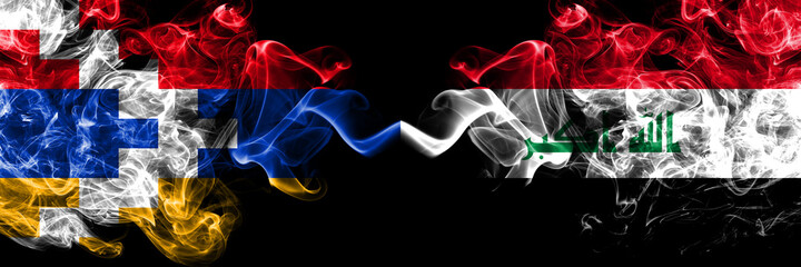 Nagorno-Karabakh, Artsakh vs Iraq, Iraqi smoky mystic flags placed side by side. Thick colored silky abstract smoke flags