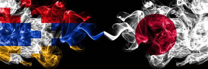 Nagorno-Karabakh, Artsakh vs Japan, Japanese smoky mystic flags placed side by side. Thick colored silky abstract smoke flags
