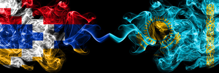 Nagorno-Karabakh, Artsakh vs Kazakhstan, Kazakhstani smoky mystic flags placed side by side. Thick colored silky abstract smoke flags