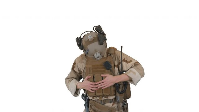 Soldiers in camouflage gear checking ammunition on white background.