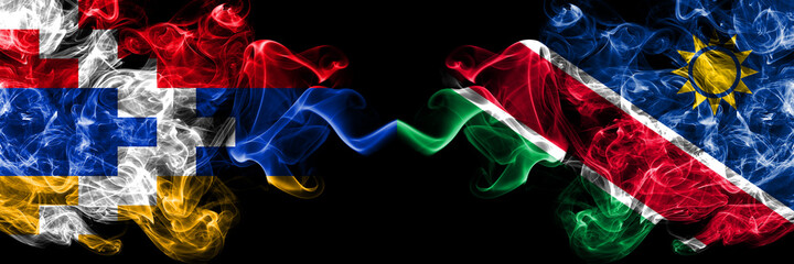 Nagorno-Karabakh, Artsakh vs Namibia, Namibian smoky mystic flags placed side by side. Thick colored silky abstract smoke flags