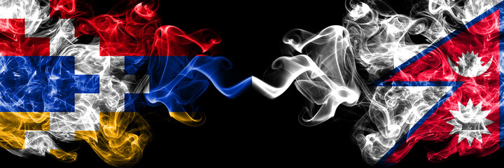 Nagorno-Karabakh, Artsakh vs Nepal, Nepalese smoky mystic flags placed side by side. Thick colored silky abstract smoke flags