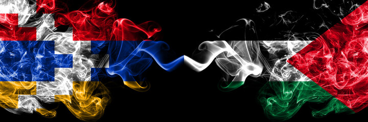 Nagorno-Karabakh, Artsakh vs Palestine, Palestinian smoky mystic flags placed side by side. Thick colored silky abstract smoke flags